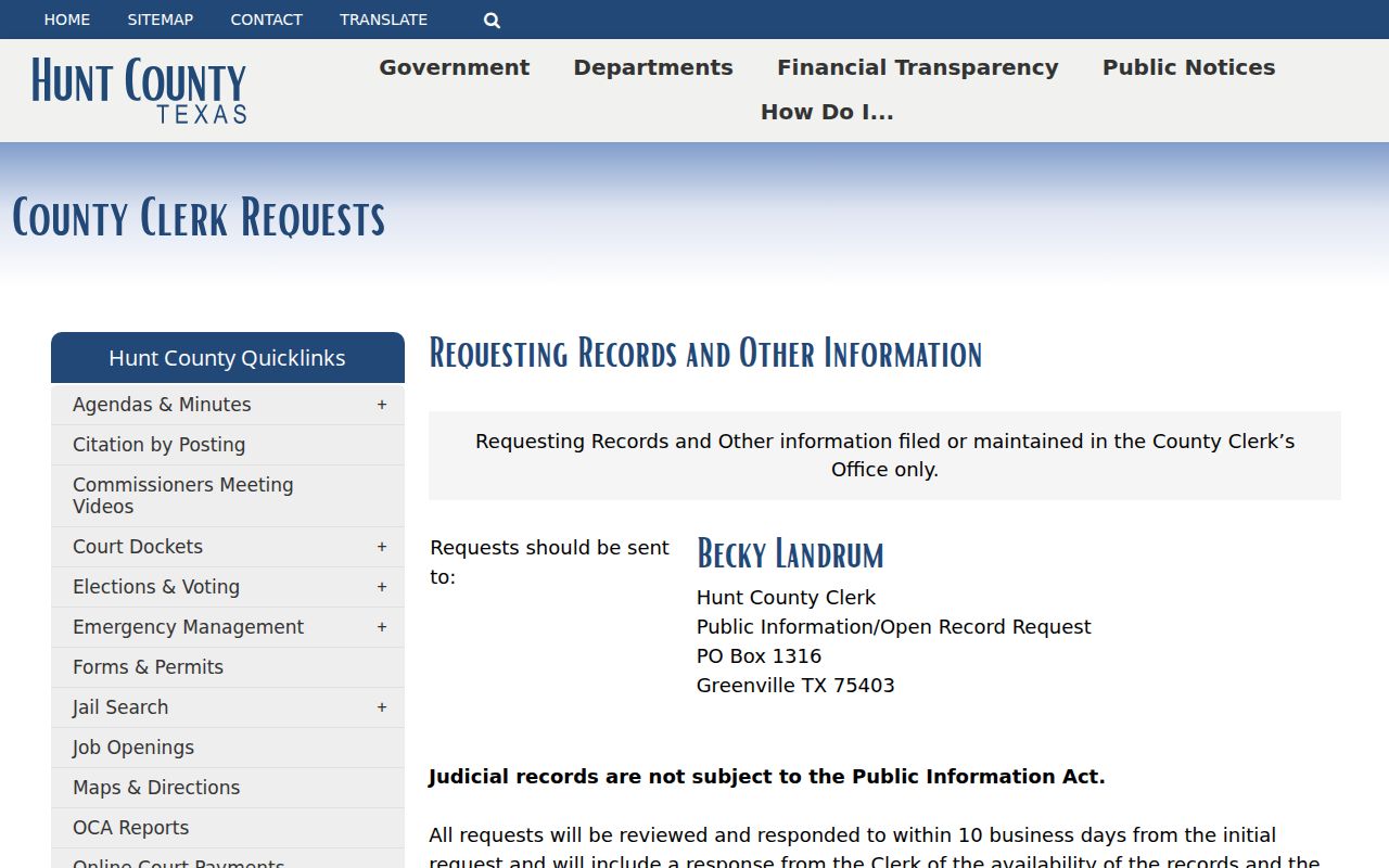 Hunt County warrant records request: County Clerk copy and inspection rules