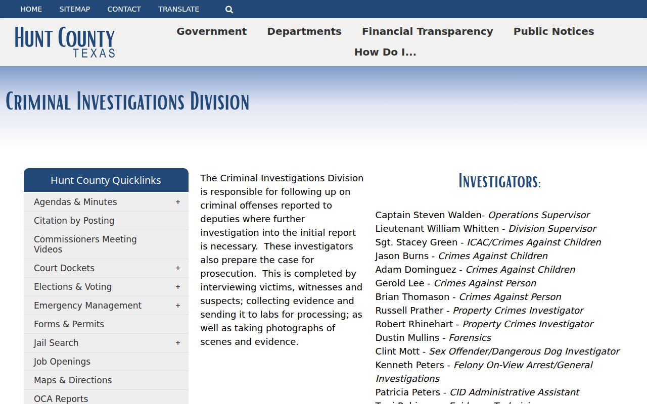 Hunt County warrant records request: Sheriff Criminal Investigations instructions