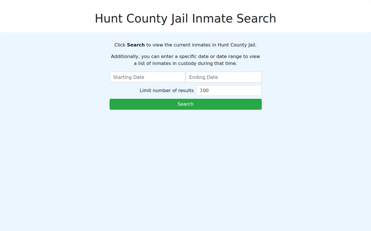 Hunt County active warrant records: jail date range search controls