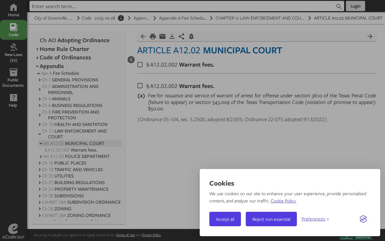 Greenville warrant records: municipal code warrant fee provision