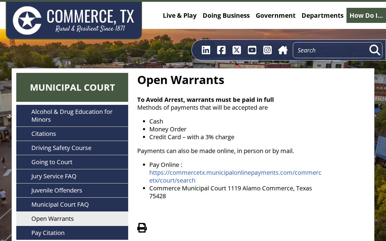 Hunt County municipal warrant records: Commerce Open Warrants instructions