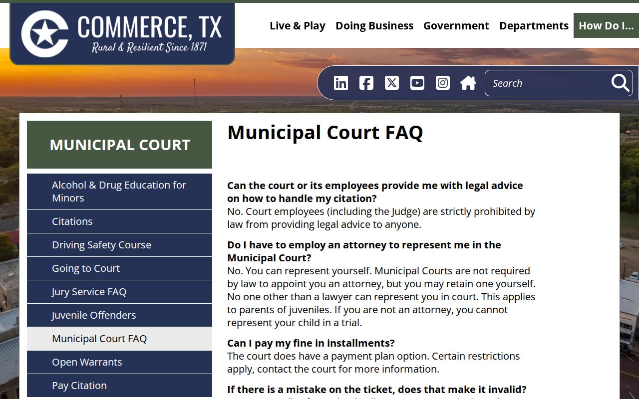 Commerce warrant records: municipal court reset and payment instructions