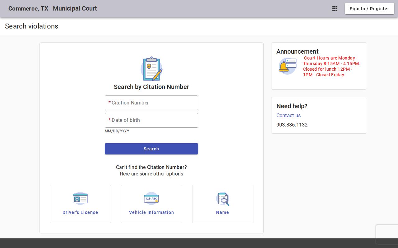 Hunt County warrant search records: Commerce municipal search fields
