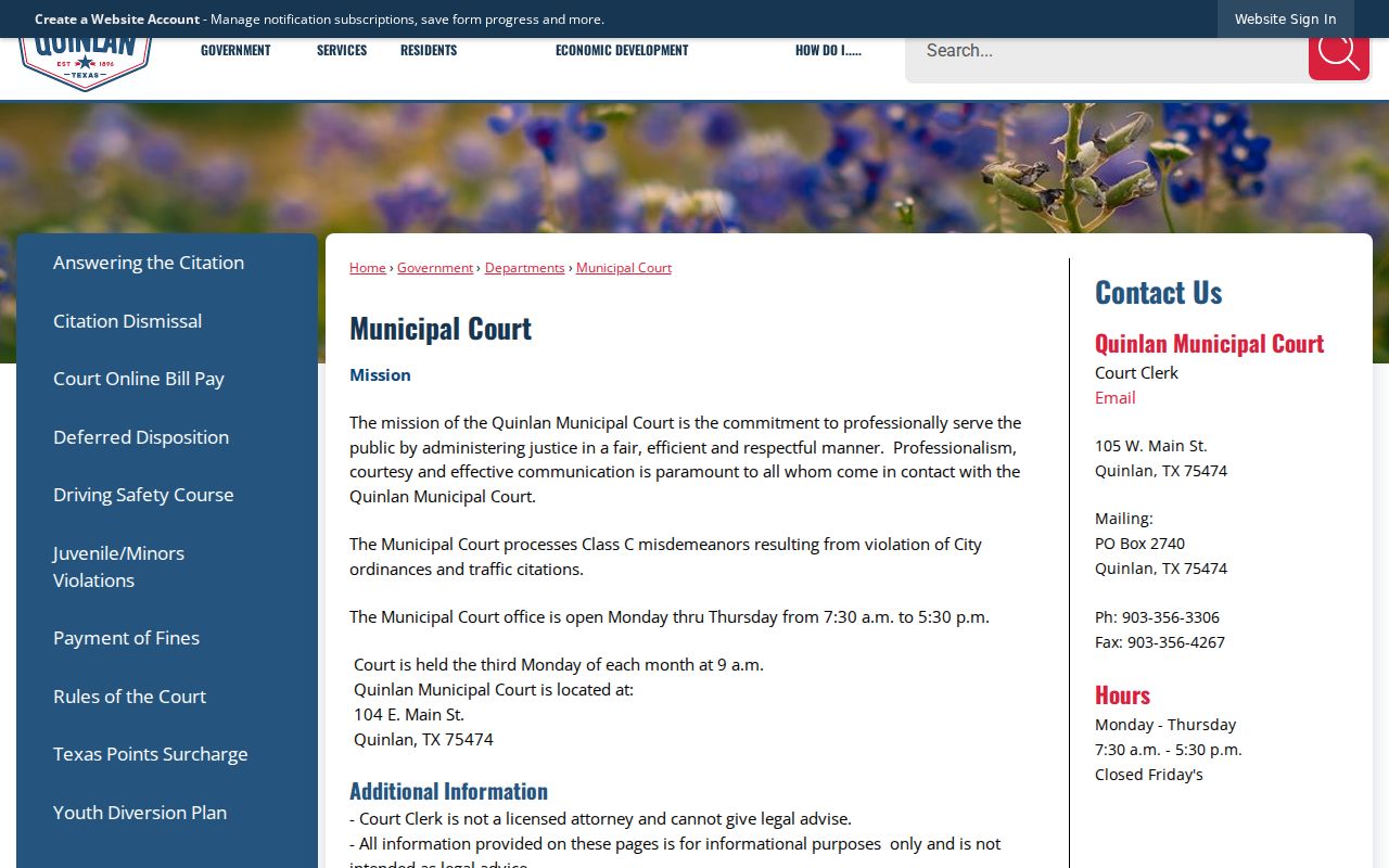 Quinlan warrant records: municipal court hours and monthly setting