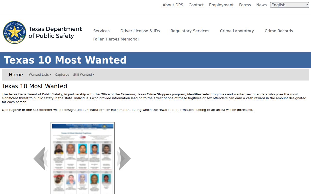 Hunt County warrant list context: statewide Texas 10 Most Wanted program interface