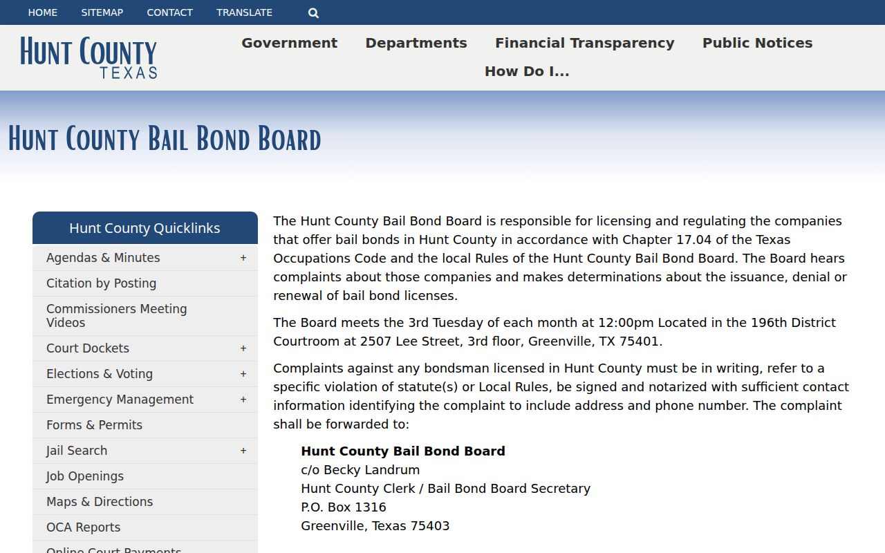 Hunt County bench warrant records: Bail Bond Board contact information
