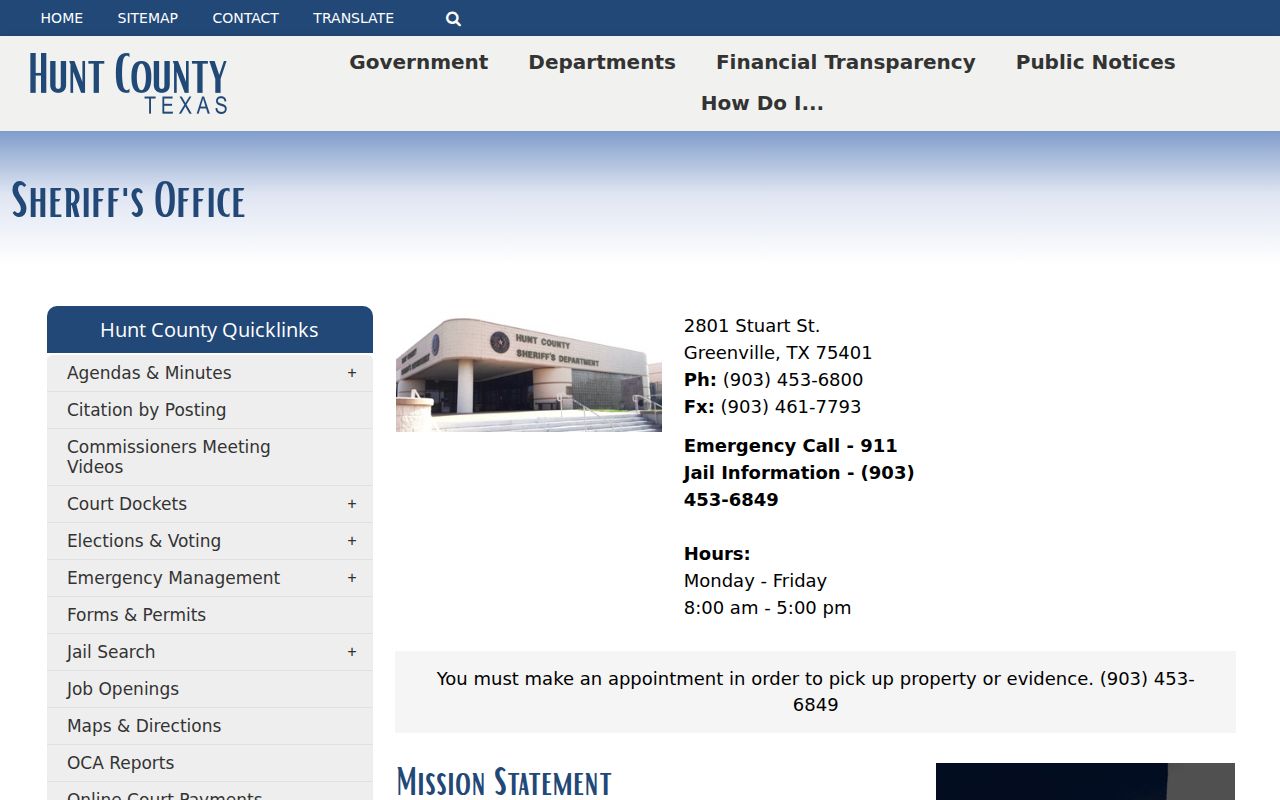 Hunt County warrant records: Sheriff office contact block